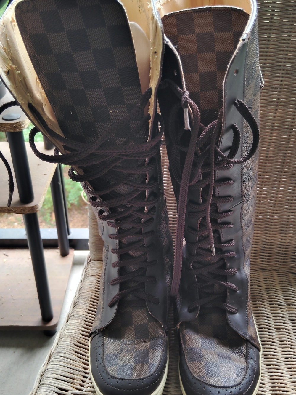 Louis Vuitton Brown Checkered Lace-Up High-Top Boots